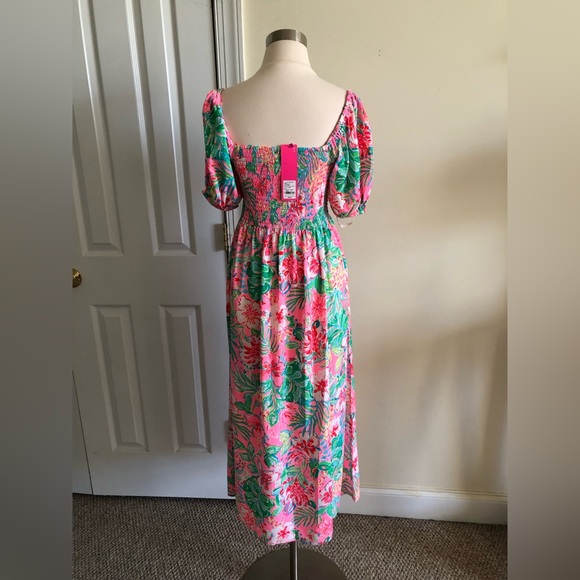 Lilly Pulitzer NWT Smocked Midi short sleeves dress pink green size M - Picture 2 of 9